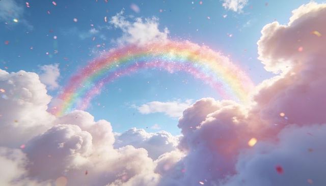 Glittering rainbow arch crossing sunlit blue sky above cotton candy clouds, dreamy pastel vista