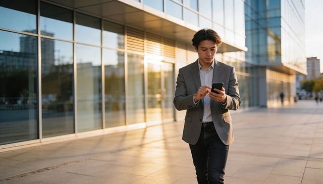 Asian businessman walking and checking smartphone outside glass office tower at golden hour