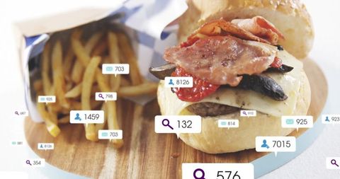 Gourmet burger with fries and overlay of digital marketing icons