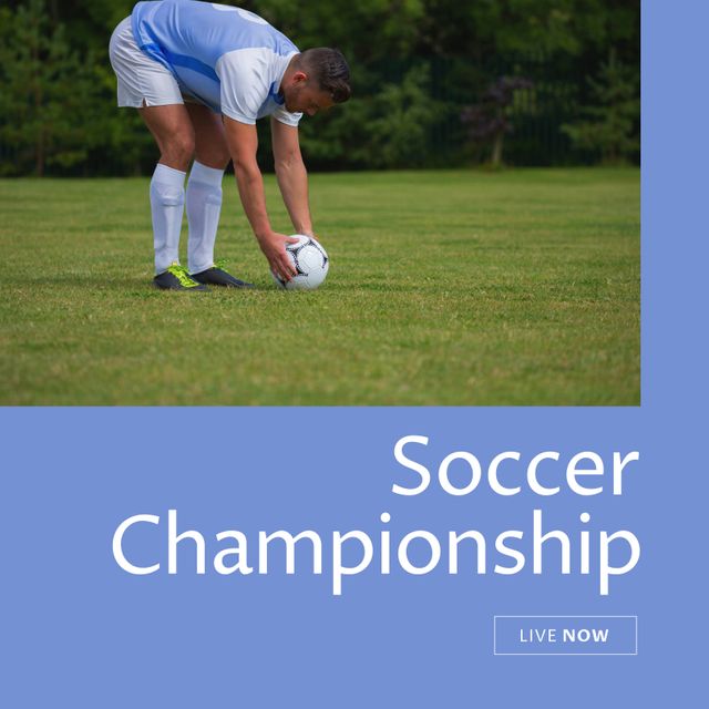 Image shows male soccer player in white and blue uniform preparing to take a goal kick on a green field. Suitable for promoting sports events, soccer championships, youth sports initiatives, or advertising athletic gear and apparel.