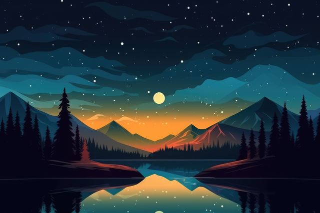 Artwork showcases nighttime mountains with a reflective lake. Starry sky adds serenity. Ideal for nature, travel, and relaxation themes. Use for wallpapers, backgrounds, prints, and marketing in nature-related campaigns.