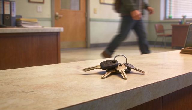 Lost keys on reception counter with car fob, blurred person walking through office lobby