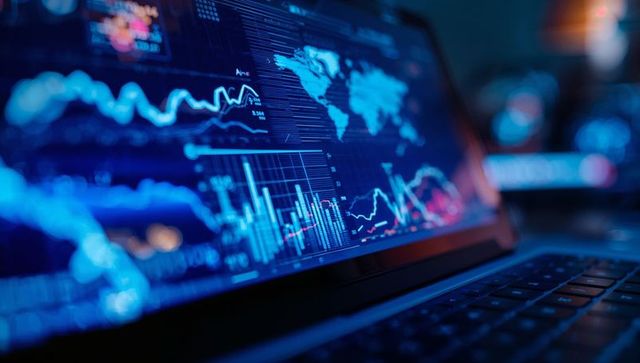 Laptop Displaying Data Analytics and Global Financial Charts
