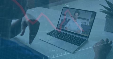 Remote business colleagues analyzing stock market trends via laptop