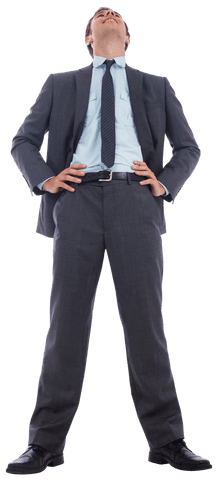 Confident Businessman Looking Up with Hands on Hips Transparent Image