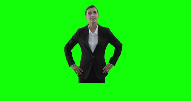 Confident businesswoman standing with hands on hips and looking upwards, with a green screen background. The woman is wearing a professional suit, suggesting leadership and business expertise. This image is ideal for advertisements, presentations, websites, and other corporate materials requiring a visualization of confidence, leadership, empowerment, or professional attire.