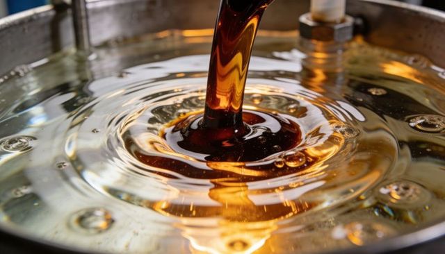 Amber syrup pouring into stainless tank creating golden ripples and viscous stream