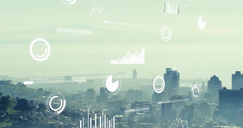 Futuristic Data Visualizations Over Urban Cityscape