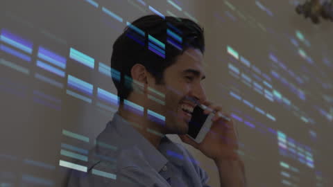 Businessman Communicating on Smartphone with Digital Data Overlay
