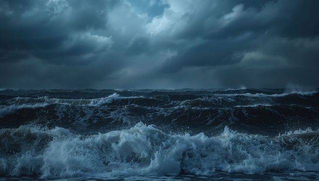 Dark Ocean Waves Under Stormy Night Clouds