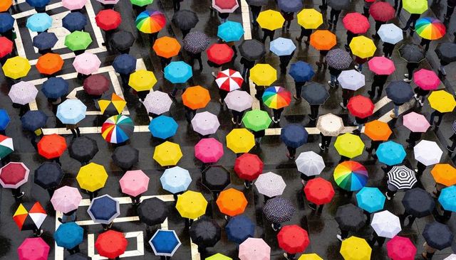 Topdown aerial colorful umbrella canopy covering pedestrians crossing rain-soaked crosswalk