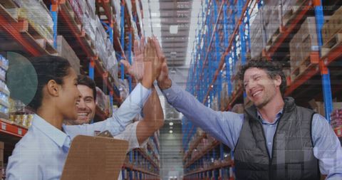 Diverse Warehouse Team Celebrating Success with Technology Overlay - Download Free Stock Images Pikwizard.com