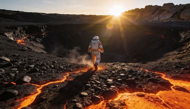 Astronaut walking across lava-scarred basalt plain toward crater at sunrise