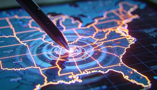 Stylus creating neon ripples on interactive us map touchscreen for geospatial interface