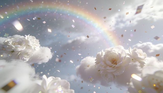 Floating white roses on cloudscape with rainbow and sparkling confetti — dreamy fantasy