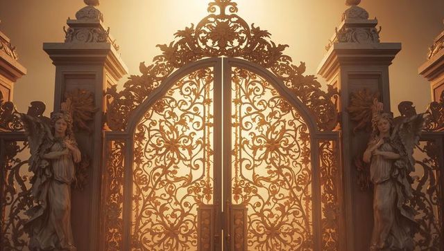 Ornate iron gates illuminated by golden sunlight