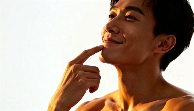 Shirtless man touching chin with confident smile under warm directional studio light