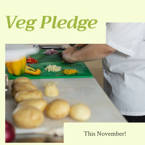 Chef preparing colorful vegetables with veg pledge message