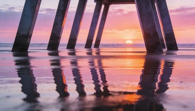Sunset Pier Reflections on Wet Sand with Symmetrical Concrete Columns