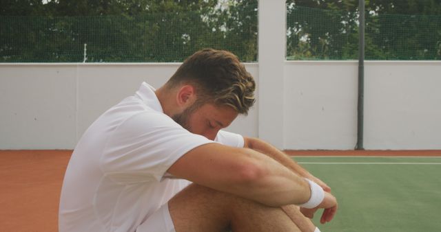 Exhausted tennis player wearing a white outfit is resting by sitting cross-legged on an outdoor tennis court with a tired expression and lowered head. This image can be used in articles or advertisements related to sports endurance, fitness breaks, the physical demands of tennis, or promoting sportswear and accessories. It is suitable for web design and blog posts about the mental and physical aspects of professional athleticism.