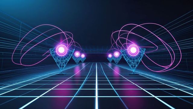 Futuristic Geolocation Pins in Neon Cyberspace Corridor