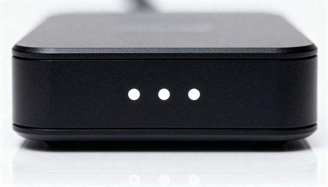 Matte black compact electronics unit displaying three led indicators on glossy surface