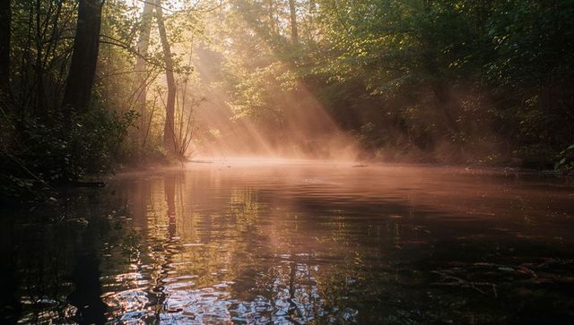 Sunbeams illuminating misty forest creek in early morning
