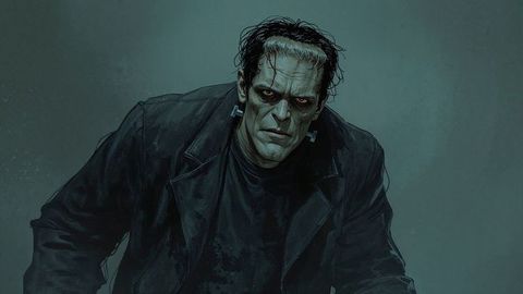 Gothic Humanoid Creature with Metal Neck Bolts in Moody Setting