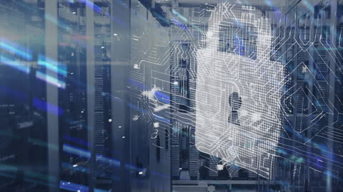 Digital Cybersecurity Padlock Overlaying Data Center Visual
