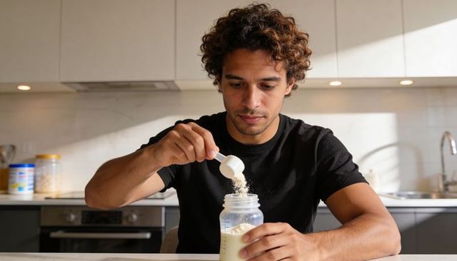 Young man preparing baby formula and pouring milk powder into bottle in modern kitchen