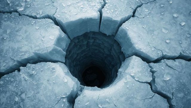 Frozen lake revealing deep circular ice hole with radial cracks and dark central shaft