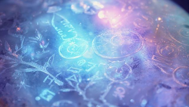 Macro view of glowing frosted motifs with blue purple luminance