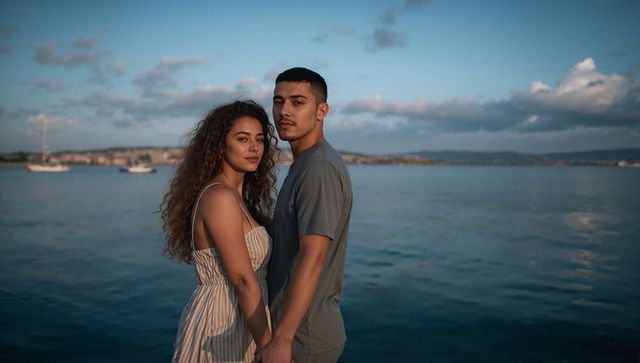 Young couple holding hands at seaside during golden hour with sailboats on horizon