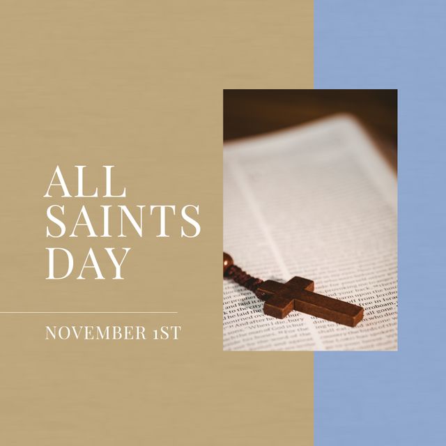 Image features the text 'All Saints Day' along with 'November 1st' on a beige and blue background. Photo includes a close-up of a rosary laid over an open book, possibly a Bible. Ideal for use in religious announcements, holiday events promotion, church newsletters, social media posts, or educational content on Christian holidays and observances.