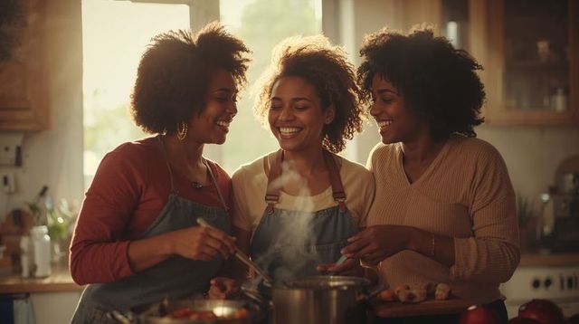 Three Women Cooking Together in Sunlit Kitchen Stirring Steaming Pot Laughing and Bonding