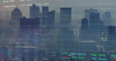 Blending urban skyline with financial data overlays showing market charts and analytics