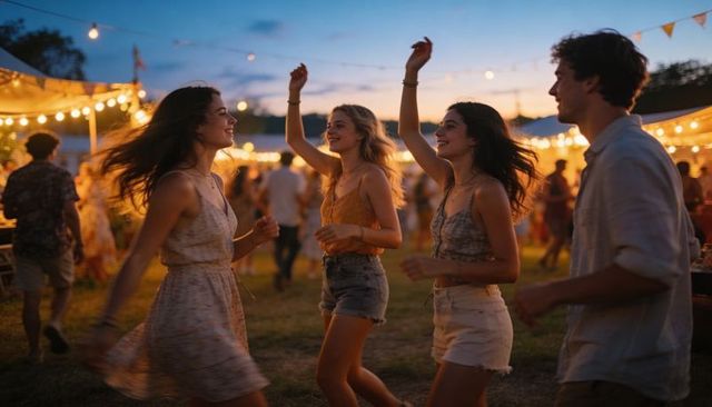 Young friends dancing at dusk festival with string lights, summer style and evening party vibes