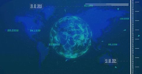 Futuristic Digital Dashboard with Polygonal Sphere Over World Map