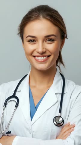 Smiling Female Doctor Wearing Lab Coat and Stethoscope Folding Arms Vertical Medical Video