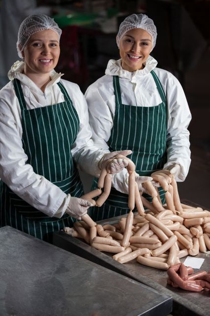 Two female butchers are processing sausages in a meat factory. Wearing safety gear including aprons, gloves, and hairnets, they show the importance of hygiene and teamwork in food production. This image can be used to illustrate topics related to food industry, production line safety, and teamwork in an industrial setting.