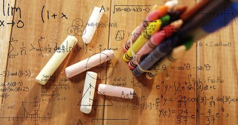 Mathematical Equations Overlay on School Supplies for Education Theme