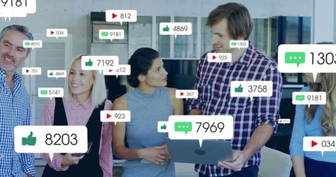 Team Analyzing Social Media Engagement with Digital Interface