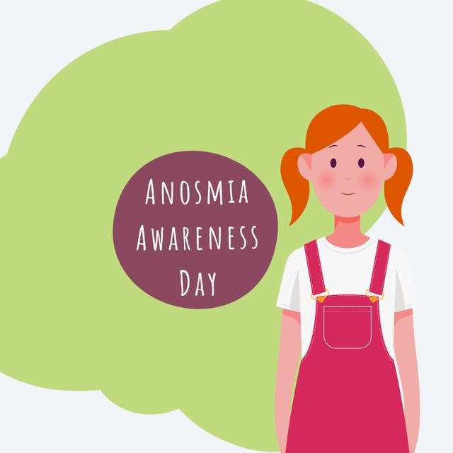 Ideal for promoting Anosmia Awareness Day events, educational materials focusing on anosmia, and health campaign posters. Illustration with a red-haired girl adds a welcoming touch to educational materials and can be used in social media campaigns or printed handouts.