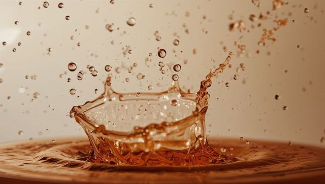 Amber liquid crown splash macro, high-speed droplets and ripples for beverage design