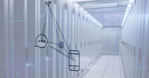 Digital Communication Icons Overlaying Server Room Technology