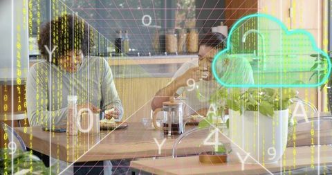 Two men sharing coffee at bistro with cloud data overlay visualizing digital analytics