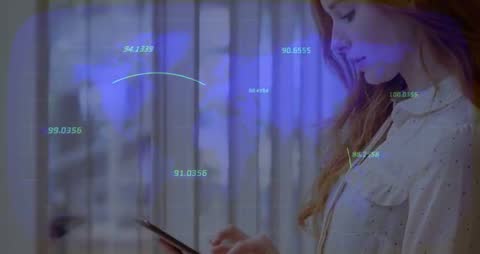 Businesswoman Using Tablet with Overlayed Global Network Map Animation