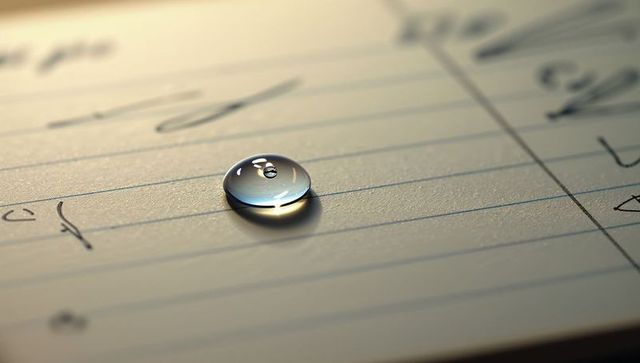 Macro water droplet sitting on lined notebook reflecting ink handwriting and warm light