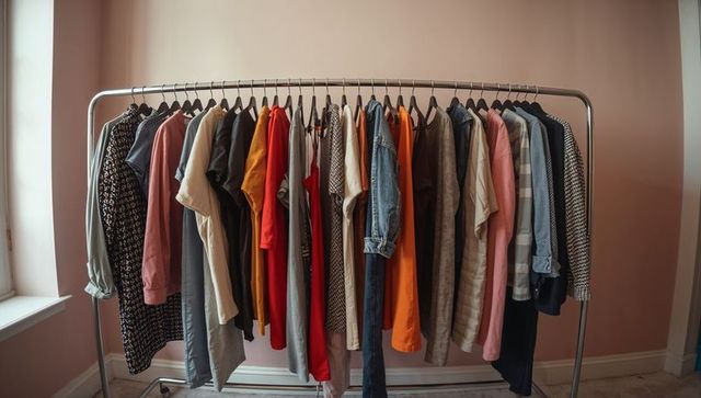 Metal clothing rack with assorted garments on display