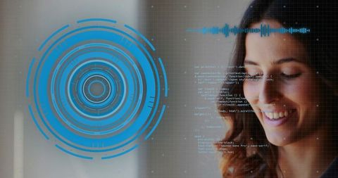 Woman professional smiling while interacting with futuristic HUD interface and code overlays